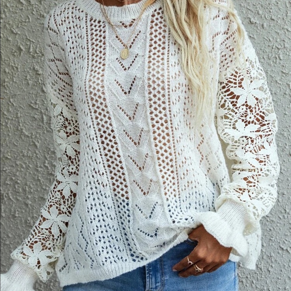 WHITE POINTELLE KNIT DROP SHOULDER SWEATER - Picture 6 of 9